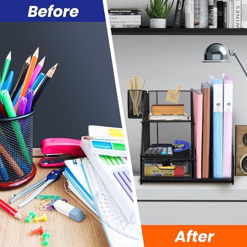 منظم مكتب مع حامل ملفات، منظم صينية رسائل ورقية من 3 طبقات مع درج منزلق وحامل أقلام، منظم شبكي لسطح المكتب وتخزين مع حامل مجلات للمكتب والمدرسة والمنزل، أسود in Kuwait