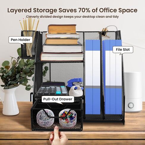 منظم مكتب مع حامل ملفات، منظم صينية رسائل ورقية من 3 طبقات مع درج منزلق وحامل أقلام، منظم شبكي لسطح المكتب وتخزين مع حامل مجلات للمكتب والمدرسة والمنزل، أسود in Kuwait