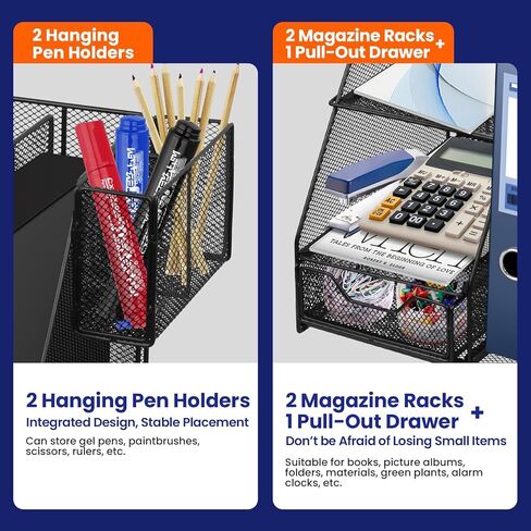 منظم مكتب مع حامل ملفات، منظم صينية رسائل ورقية من 3 طبقات مع درج منزلق وحامل أقلام، منظم شبكي لسطح المكتب وتخزين مع حامل مجلات للمكتب والمدرسة والمنزل، أسود in Kuwait