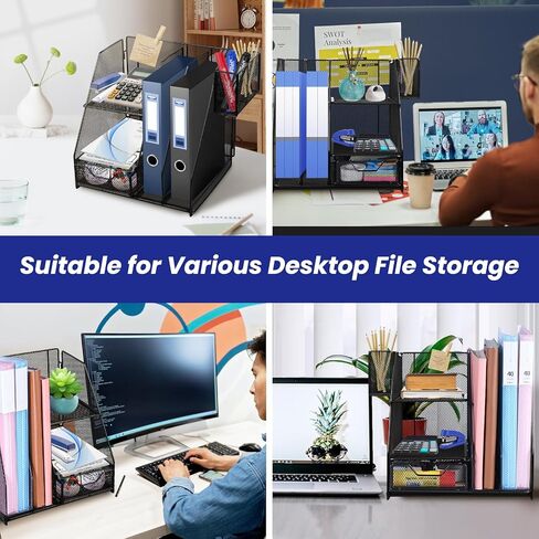منظم مكتب مع حامل ملفات، منظم صينية رسائل ورقية من 3 طبقات مع درج منزلق وحامل أقلام، منظم شبكي لسطح المكتب وتخزين مع حامل مجلات للمكتب والمدرسة والمنزل، أسود in Kuwait