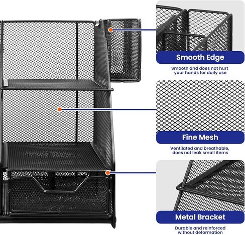 منظم مكتب مع حامل ملفات، منظم صينية رسائل ورقية من 3 طبقات مع درج منزلق وحامل أقلام، منظم شبكي لسطح المكتب وتخزين مع حامل مجلات للمكتب والمدرسة والمنزل، أسود in Kuwait