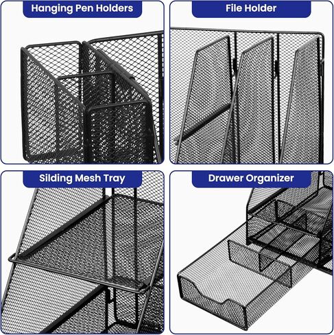 منظم مكتب مع حامل ملفات، منظم صينية رسائل ورقية من 3 طبقات مع درج منزلق وحامل أقلام، منظم شبكي لسطح المكتب وتخزين مع حامل مجلات للمكتب والمدرسة والمنزل، أسود in Kuwait