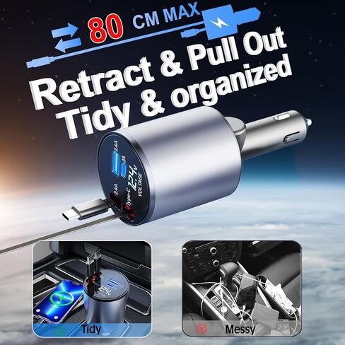 شاحن سيارة Thlevel قابل للسحب 4 في 1 شاحن سريع مع كابلات مزدوجة قابلة للسحب من النوع C (31.5 بوصة) ومنفذي شحن مع عرض الجهد الكهربائي متوافق مع iPhone 15/15 Pro Max Samsung Galaxy Note in Kuwait