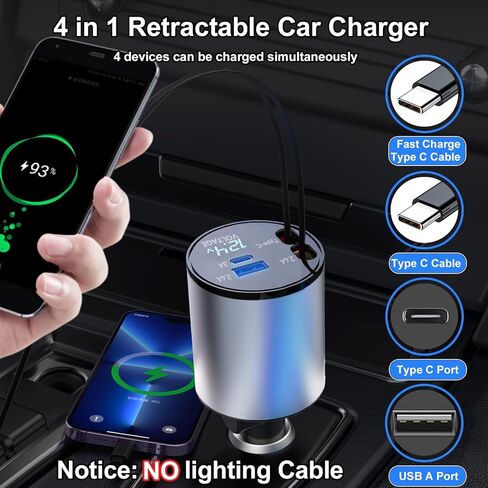 شاحن سيارة Thlevel قابل للسحب 4 في 1 شاحن سريع مع كابلات مزدوجة قابلة للسحب من النوع C (31.5 بوصة) ومنفذي شحن مع عرض الجهد الكهربائي متوافق مع iPhone 15/15 Pro Max Samsung Galaxy Note in Kuwait