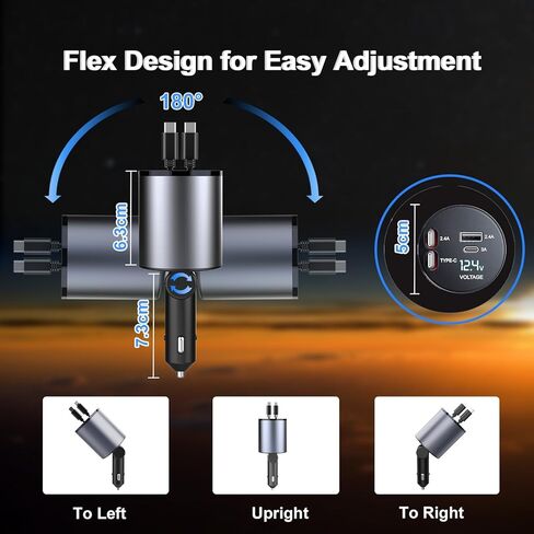 شاحن سيارة Thlevel قابل للسحب 4 في 1 شاحن سريع مع كابلات مزدوجة قابلة للسحب من النوع C (31.5 بوصة) ومنفذي شحن مع عرض الجهد الكهربائي متوافق مع iPhone 15/15 Pro Max Samsung Galaxy Note in Kuwait