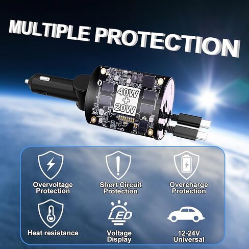 شاحن سيارة Thlevel قابل للسحب 4 في 1 شاحن سريع مع كابلات مزدوجة قابلة للسحب من النوع C (31.5 بوصة) ومنفذي شحن مع عرض الجهد الكهربائي متوافق مع iPhone 15/15 Pro Max Samsung Galaxy Note in Kuwait