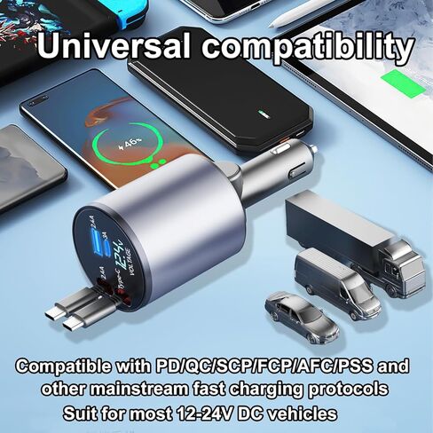 شاحن سيارة Thlevel قابل للسحب 4 في 1 شاحن سريع مع كابلات مزدوجة قابلة للسحب من النوع C (31.5 بوصة) ومنفذي شحن مع عرض الجهد الكهربائي متوافق مع iPhone 15/15 Pro Max Samsung Galaxy Note in Kuwait