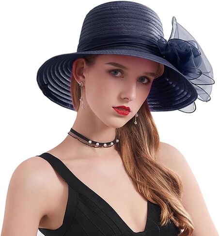 قبعات ديربي لحفلات الشاي من الأورجانزا للنساء - قبعة شمس يوم الأحد ذات حافة واسعة على شكل زهرة (الولايات المتحدة، ألفا، متوسط، أزرق) in Kuwait