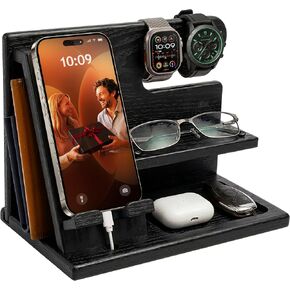 TESLYAR Wood Phone Docking Station for Men - Desktop or Nightstand Organizer - Birthday Gifts for Men, Dad - Anniversary Idea from Wife - Key Holder, Stand Wallet, Watch & Essentials (Bourbon Brown) in Saudi Arabia