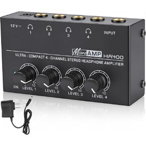 4 Channel Headphone Amplifier, Mini Metal Stereo Audio Amp with 1/4" TRS Input & 4 TRS Outputs, 12V Power Adapter, Portable Headphone Splitter Amplifier for PC, Guitar, Studio, Stage in Kuwait