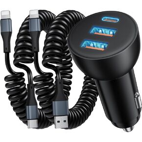 3-Port 70W Fast Car Charger for iPhone 14 13 12 11 Pro Max SE XR XS X 8 7 6 | 2Pack, USB iPhone Carplay Cord &Lightnings Charging Cable + USB-C&A Car Charger Adapter Cigarette Lighter, Travel Accessories in Kuwait