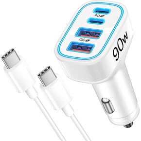90W 4-Port USB C Super Fast Car Charger for Samsung Galaxy S26/S25/S24/S23 | iPhone 17/16/15, Android, Type C Fast Charging Car Phone Charger Accessories Cigarette Lighter Adapter, with 3FT USB-C Cable in Kuwait