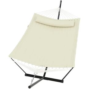 Double Portable Hammock with Stand, 2 Person Quilted Hammock for Outside | 450 LBS Heavy Duty, Pillow & Balance Rope, 12 FT Stand for Patio, Backyard, Poolside, Camping Relaxation in Saudi Arabia