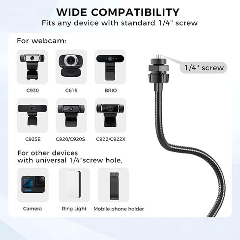 Webcam Stand Phone Mount for Desk, Gooseneck Desktop Tripod & Tabletop Phone Holder with Clamp & 1/4" Thread, Compatible with Action Camera GoPro C922 C930e C920S C920 615 C960 C920x Brio in Saudi Arabia