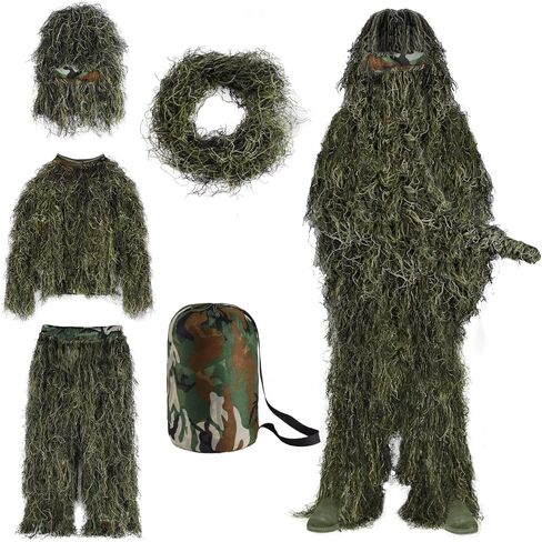 Slendor 5-in-1 Ghillie Suit 3D Camo Hunting Jacket Pants Hood Bag | Full Camo Hunting Set, Jacket+Pants+Hood+Carry Bag+Gun Wrap, Adjustable Fit for Adults/Teens, Sizes M/L/XL/XXL in Saudi Arabia