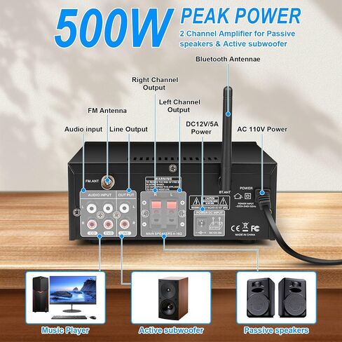 Romicta Stereo Audio Amplifier, 2 Channel 500W Bluetooth 5.0 Home Audio Stereo Receiver with FM, Echo, AUX, USB, SD, MIC Inputs, Power Amplifier for Passive Speakers and Active subwoofer in Saudi Arabia