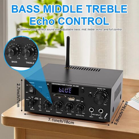 Romicta Stereo Audio Amplifier, 2 Channel 500W Bluetooth 5.0 Home Audio Stereo Receiver with FM, Echo, AUX, USB, SD, MIC Inputs, Power Amplifier for Passive Speakers and Active subwoofer in Saudi Arabia