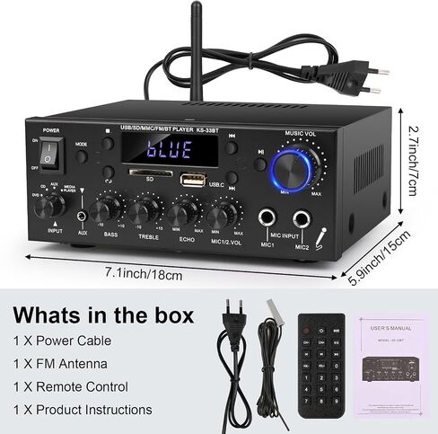 Romicta Stereo Audio Amplifier, 2 Channel 500W Bluetooth 5.0 Home Audio Stereo Receiver with FM, Echo, AUX, USB, SD, MIC Inputs, Power Amplifier for Passive Speakers and Active subwoofer in Saudi Arabia