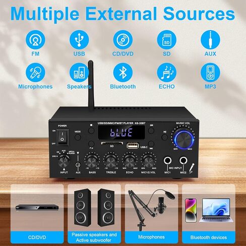 Romicta Stereo Audio Amplifier, 2 Channel 500W Bluetooth 5.0 Home Audio Stereo Receiver with FM, Echo, AUX, USB, SD, MIC Inputs, Power Amplifier for Passive Speakers and Active subwoofer in Saudi Arabia