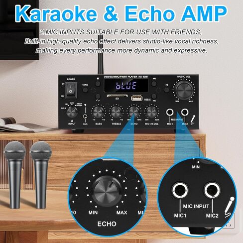 Romicta Stereo Audio Amplifier, 2 Channel 500W Bluetooth 5.0 Home Audio Stereo Receiver with FM, Echo, AUX, USB, SD, MIC Inputs, Power Amplifier for Passive Speakers and Active subwoofer in Saudi Arabia