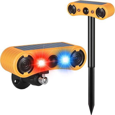 Solar Motion Sensor Alarm Outdoor, Red & Blue LED Strobe Light | 130dB Dual Speakers, 13 Loud Sounds Dog Barking & Siren, Continuous Loop Playback, 4 Working Modes for Home, Farm, Barn in Saudi Arabia