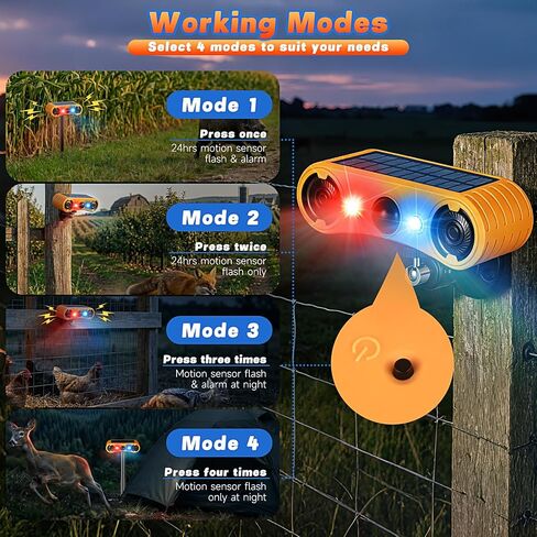 Solar Motion Sensor Alarm Outdoor, Red & Blue LED Strobe Light | 130dB Dual Speakers, 13 Loud Sounds Dog Barking & Siren, Continuous Loop Playback, 4 Working Modes for Home, Farm, Barn in Saudi Arabia
