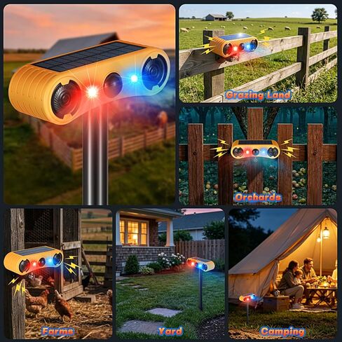Solar Motion Sensor Alarm Outdoor, Red & Blue LED Strobe Light | 130dB Dual Speakers, 13 Loud Sounds Dog Barking & Siren, Continuous Loop Playback, 4 Working Modes for Home, Farm, Barn in Saudi Arabia