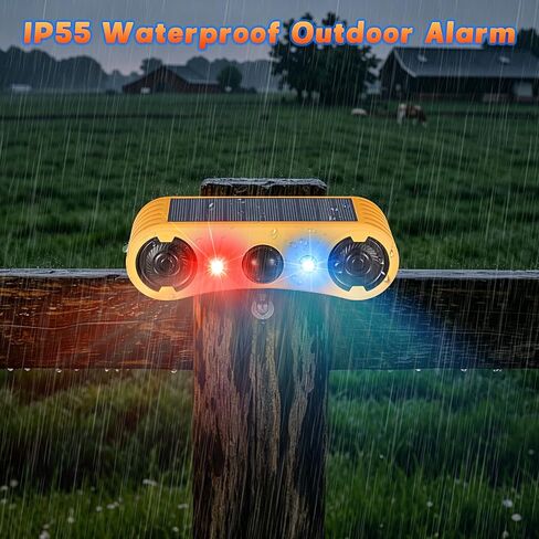 Solar Motion Sensor Alarm Outdoor, Red & Blue LED Strobe Light | 130dB Dual Speakers, 13 Loud Sounds Dog Barking & Siren, Continuous Loop Playback, 4 Working Modes for Home, Farm, Barn in Saudi Arabia