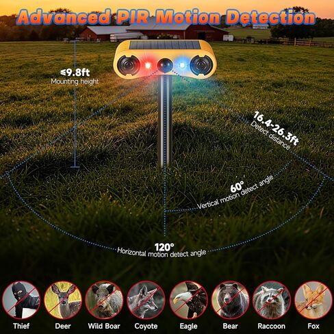 Solar Motion Sensor Alarm Outdoor, Red & Blue LED Strobe Light | 130dB Dual Speakers, 13 Loud Sounds Dog Barking & Siren, Continuous Loop Playback, 4 Working Modes for Home, Farm, Barn in Saudi Arabia