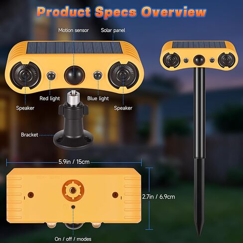 Solar Motion Sensor Alarm Outdoor, Red & Blue LED Strobe Light | 130dB Dual Speakers, 13 Loud Sounds Dog Barking & Siren, Continuous Loop Playback, 4 Working Modes for Home, Farm, Barn in Saudi Arabia