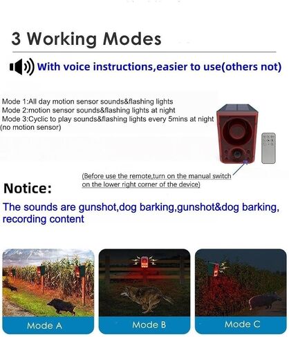 HULPPRE Solar Outdoor Motion Sensor Alarm,Dog Barking and Gunshot Sound | Support Recording,Adjust Volume,130db Loud Noise Maker,3 Work Modes Strobe Light with USB,Say Goodbye to The Intruders in Saudi Arabia