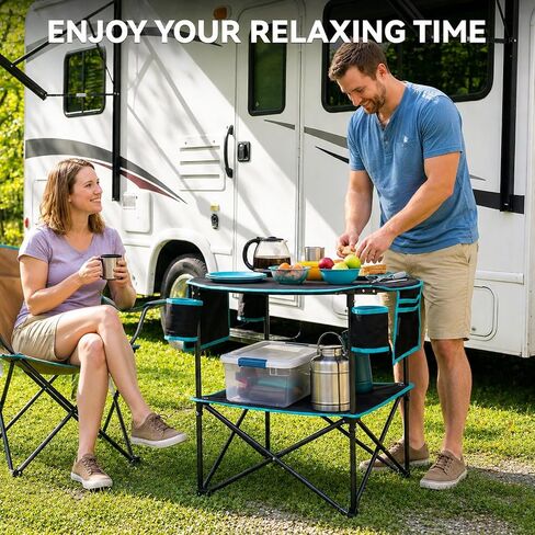 FUNDANGO Portable Folding Camping Table with 4 Cup Holders, 2-Tier | Foldable, Lightweight, Includes a Carry Bag, for Beach Picnic Tailgate Backyard in Saudi Arabia