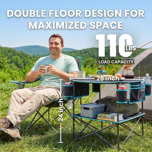 FUNDANGO Portable Folding Camping Table with 4 Cup Holders, 2-Tier | Foldable, Lightweight, Includes a Carry Bag, for Beach Picnic Tailgate Backyard in Saudi Arabia