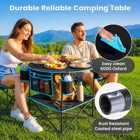 FUNDANGO Portable Folding Camping Table with 4 Cup Holders, 2-Tier | Foldable, Lightweight, Includes a Carry Bag, for Beach Picnic Tailgate Backyard in Saudi Arabia