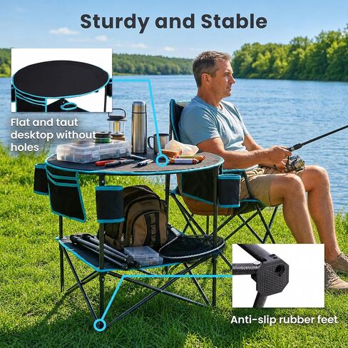 FUNDANGO Portable Folding Camping Table with 4 Cup Holders, 2-Tier | Foldable, Lightweight, Includes a Carry Bag, for Beach Picnic Tailgate Backyard in Saudi Arabia