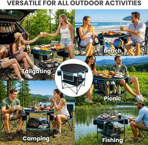 FUNDANGO Portable Folding Camping Table with 4 Cup Holders, 2-Tier | Foldable, Lightweight, Includes a Carry Bag, for Beach Picnic Tailgate Backyard in Saudi Arabia