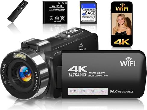 4K Video Camera Camcorder, UHD 56MP WiFi Vlogging Cameras,18X Digital Zoom IR Night Vision 3.0''Touch Screen Cameras with 64GB Card,Remote Control,Webcam and Battery (Blue) in Saudi Arabia
