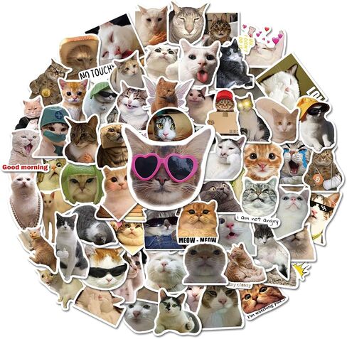 100 Pcs Cat Stickers for Water Bottles Laptop Guitar Suitcase | Non-Repeating Cute Meme Kitten Stickers, DIY, Waterproof, Decals Gifts for Adults Teens Kids Boys Girls in Kuwait