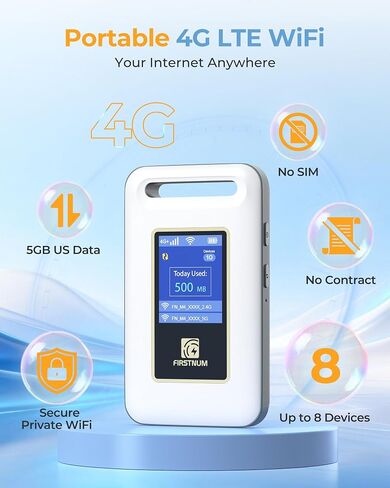 4G LTE Portable WiFi for Travel, Mobile Hotspot Device, 5GB Free US Data | Pocket WiFi, No SIM or Contract, Connect 8 Devices, Works for RV & Outdoor Use in Saudi Arabia