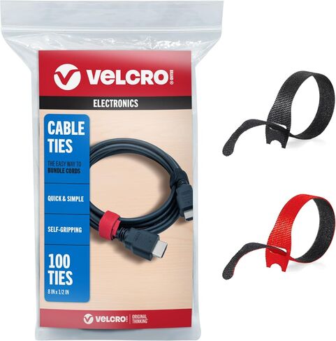 VELCRO Brand ONE-WRAP Cable Ties, 8in x 1/2in, Black, 100 Pack | Thin Pre Cut Cable Management Straps For Organizing Cords And Wires In Homes, Offices, Workstations And Data Centers in Saudi Arabia