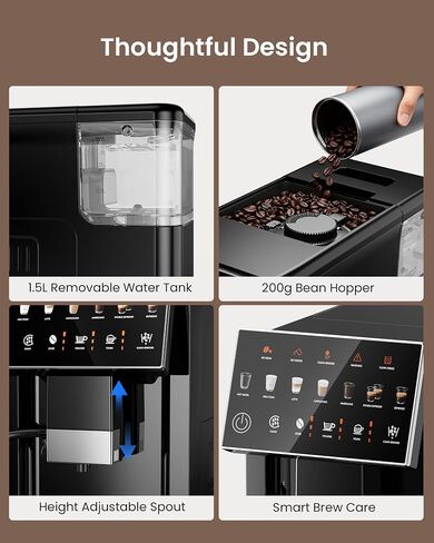 Fully Automatic Espresso Machine with Grinder & Milk Frother | 20 Bar Pressure, 15 Grind Settings, Touch Screen Control and Self-Cleaning Function for Espresso, Latte and Cappuccino in Saudi Arabia