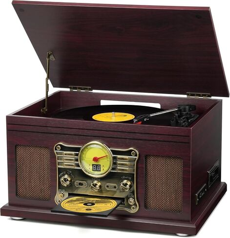 FEKTIK Bluetooth Record Player 10 in 1, 3-Speed Turntable for Vinyl with Speakers, LP to MP3 Converter, CD, Cassette Player, FM Radio, Wireless Streaming | Mahogany in Saudi Arabia