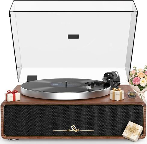 Seasonlife® All-in-One Record Player with 4 Speakers & Bluetooth, Brown | Belt-Drive Vinyl Player, AT3600L Magneti Cartridge, Built-in 4 Speakers, Adjustable Counterweight,Auto-Stop,RCA/AUX Output in Saudi Arabia