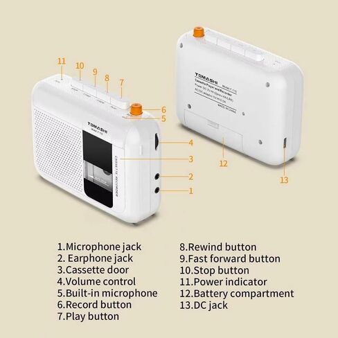 TOMASHI Portable Cassette Player, Tape Recorder, with Build in Microphone/Speaker/Headphone Jack. Fast Forward, Fast Rewind, Auto-Stop in Saudi Arabia