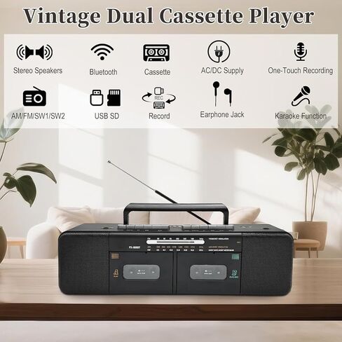 Retro Boombox with Dual Cassette Player, 7200mAh Battery, Bluetooth & 4-Band Radio (AM/FM/SW) – Convert Tape to MP3 via USB, Tape Recorder & Headphone Jack for Home & Outdoor in Saudi Arabia
