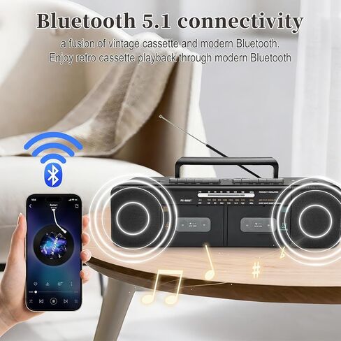Retro Boombox with Dual Cassette Player, 7200mAh Battery, Bluetooth & 4-Band Radio (AM/FM/SW) – Convert Tape to MP3 via USB, Tape Recorder & Headphone Jack for Home & Outdoor in Saudi Arabia