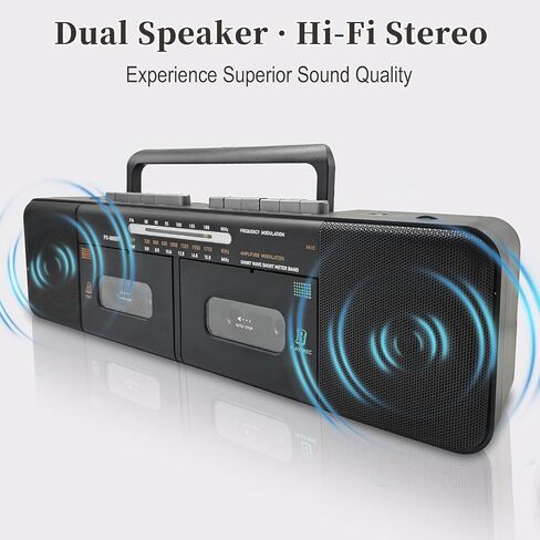 Retro Boombox with Dual Cassette Player, 7200mAh Battery, Bluetooth & 4-Band Radio (AM/FM/SW) – Convert Tape to MP3 via USB, Tape Recorder & Headphone Jack for Home & Outdoor in Saudi Arabia