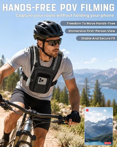 Chest Pack for Hands-Free POV Filming, Adjustable Chest Bag for Men | Touchscreen Phone Pocket, 2L Water Bladder, Water-Resistant, US Patent, Reflective Running Vest, for Cycling, Skiing, Hiking in Kuwait