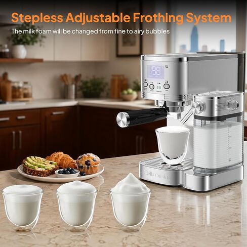 URintells Cuising 5in1 Espresso Machine with Adjustable Milk Frother System | 20Bar Pump,LED Display,Buitl-in Timer, Hot Water Function,Auto-Milk Frother for Cappuccino Latte Americano,Stainless Steal in Saudi Arabia