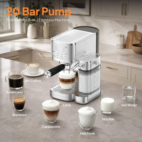 URintells Cuising 5in1 Espresso Machine with Adjustable Milk Frother System | 20Bar Pump,LED Display,Buitl-in Timer, Hot Water Function,Auto-Milk Frother for Cappuccino Latte Americano,Stainless Steal in Saudi Arabia